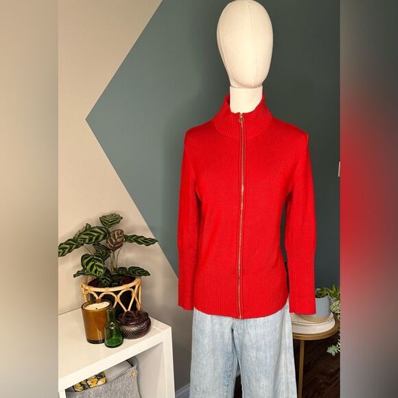 Calvin Klein Red Mock Neck Full Zip Ribbed Sweater Size Medium, Chic & Versatile - Picture 1 of 11